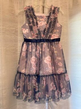 Kensie Girl Navy Blue Floral Ruffle Dress with Pink Roses size 12